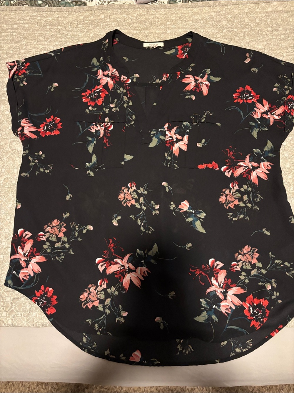 Floral Split-Neck Short Sleeve Blouse - Black with Red/Pink Flowers